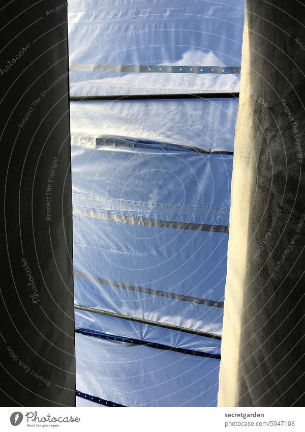 ray of hope Construction site Vantage point Well of light Blanket Sky tarpaulin Scaffolding Wall (building) Interior courtyard Facade Building
