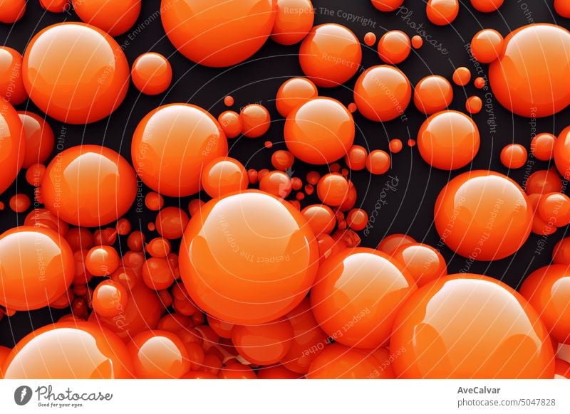 Bright abstract background of jumble of bubbles isolated on black background. Colorful spheres in trendy style. Geometric and dynamic wallpaper with balls or particles. Banner template