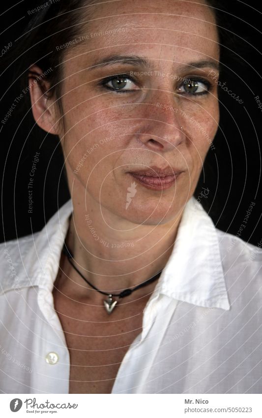 woman portrait Without makeup Face Woman Authentic Looking into the camera Feminine naturally Calm pretty expressive Accessory Intensive Self-confident