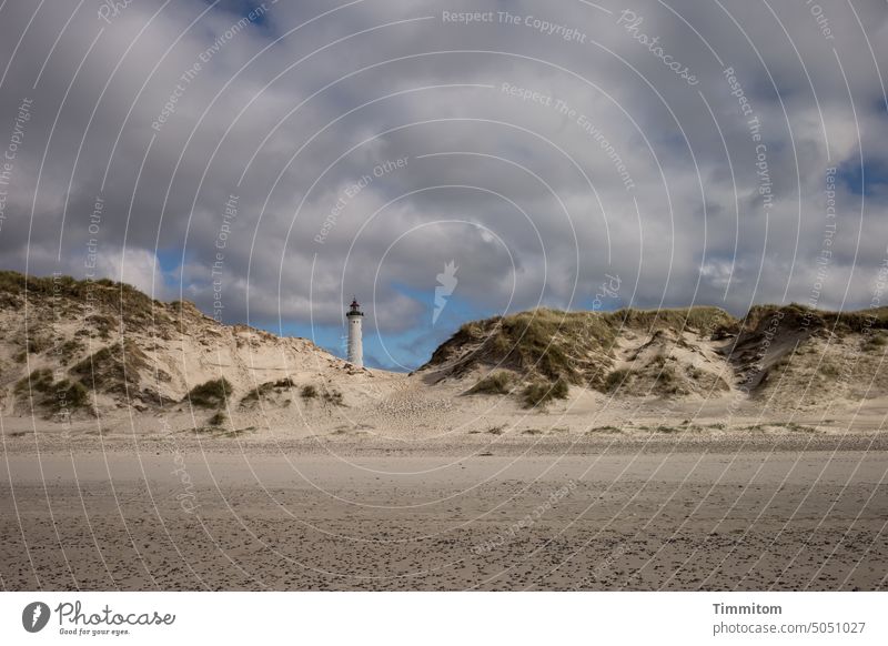 There is a turret at the back Lighthouse Sky Clouds dunes Marram grass Beach Sand North Sea Denmark Nature Vacation & Travel coast Deserted Lyngvig Fyr