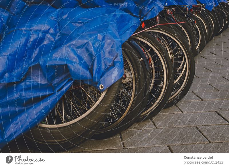 A row of bicycles under a blue tarpaulin. Cycling Transport Mobility Means of transport Bicycle Road traffic Town Street Leisure and hobbies Cycling tour
