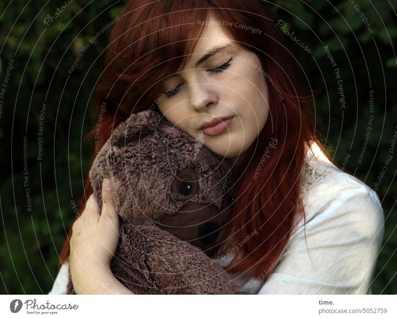 Woman with bear Feminine material Teddy bear soft toy Long-haired Red-haired To hold on Passion Together Protection Safety Calm Inspiration Life portrait Time