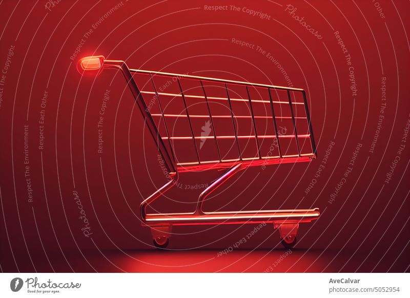 Small red 3d shopping cart on a red background, shift tilt, studio image, Black Friday concept, shopping deal concept, buy now, sale. retail supermarket grocery