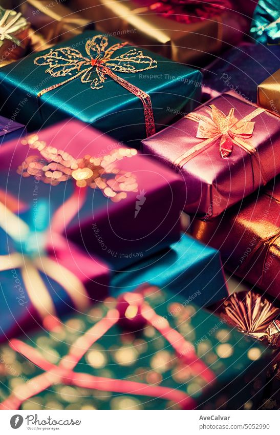 Pile of beautifully wrapped christmas presents, colorful, magical.Christmas concept.A Huge pile of Christmas Gifts. Black friday, cyber sunday, sale concept.