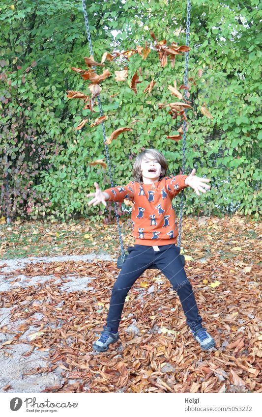 Autumn fun - boy sits in a swing and throws withered leaves in the air Boy (child) Child Human being portrait foliage Autumn leaves Throw Joy Swing Sit Autumnal