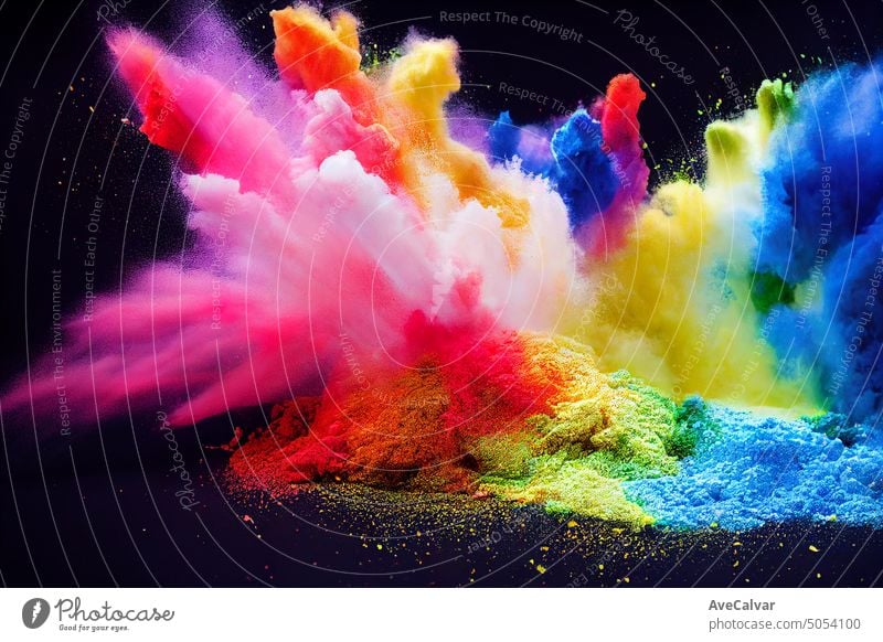Multicolor splash of particles. Festival of colours. Powder burst isolated on back background. Paint splatter, splash and clouds. Textured chalk exploding in a bust of energy wallpaper.