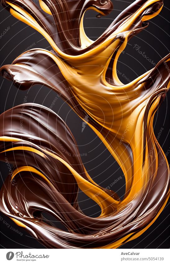 Chocolate liquid moving, chocolate forming into small beautiful pralines and chocolate splashes, liquid, smoky , no gravity, floating together, playful mix, dynamic movement, rich structure. Food