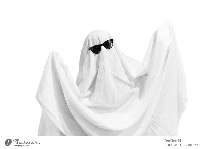 cute ghost with sunglasses made with a bed sheet copy space isolated scary trick white celebration costume funny october fear holiday monster background design