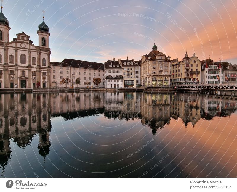 Lucerne in the morning Switzerland Landscape Sunlight Nature Beautiful weather Lake Water Sky Summer's day Orange light blue Moody morning light Old town