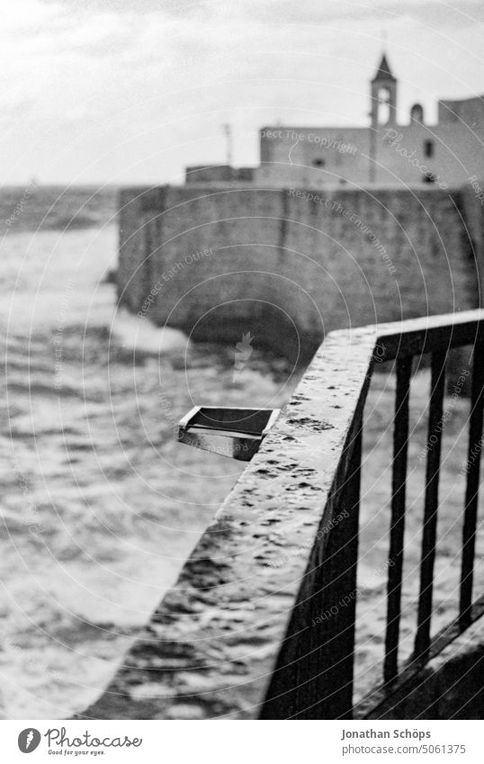 Railings and walls, high waves on the coast, Akko, Israel Film Isreal Grain Middle East Travel photography travel Summer South Analog Waves peril Gale