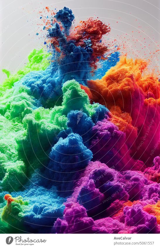 Wallpaper banner background multicolor powder explosion, trending colors with copy space. Design template. Abstract closeup dust on backdrop. Colorful explode. Paint holi