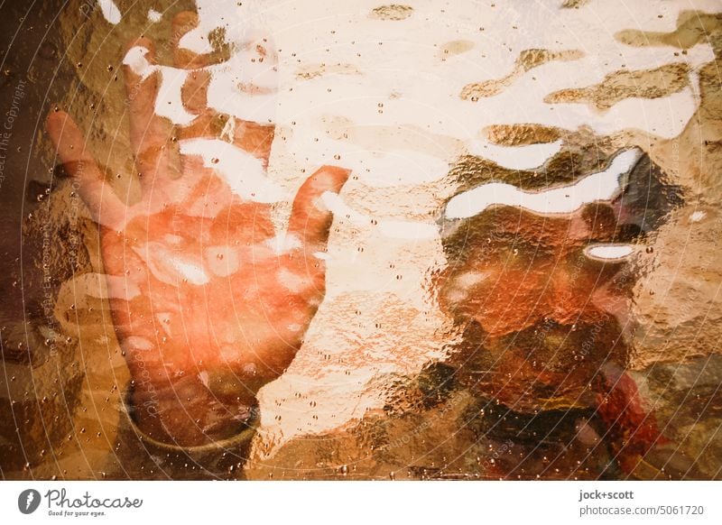 Man and hand behind a glass pane blurriness Pane Human being Transparent Face Identity background portrait behind glass hazy Hand Silhouette Deformation
