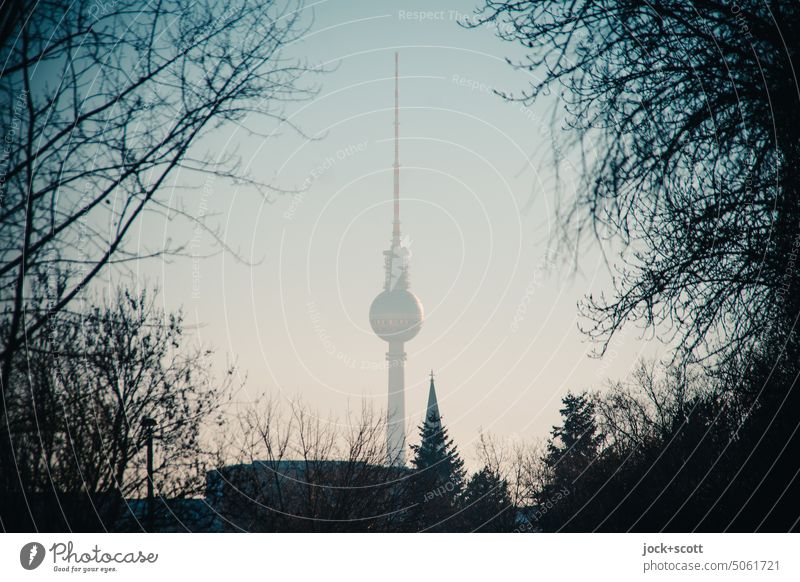 TV tower framed between bare branches and twigs Berlin TV Tower Landmark Silhouette bare trees Capital city Frame Background picture Panorama (View)