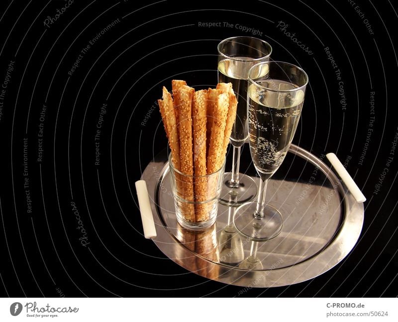 small champagne reception Sparkling wine Champagne glass Black Tray Sesame stick Noble Dry Snack Nutrition New Year's Eve Date Alcoholic drinks Public Holiday