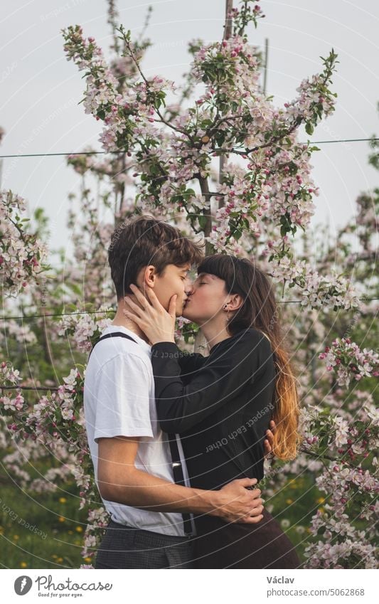 Young strong love between two wonderful people walking under apple trees. Candid portrait of a couple in casual clothes. Kiss of pure love relationship