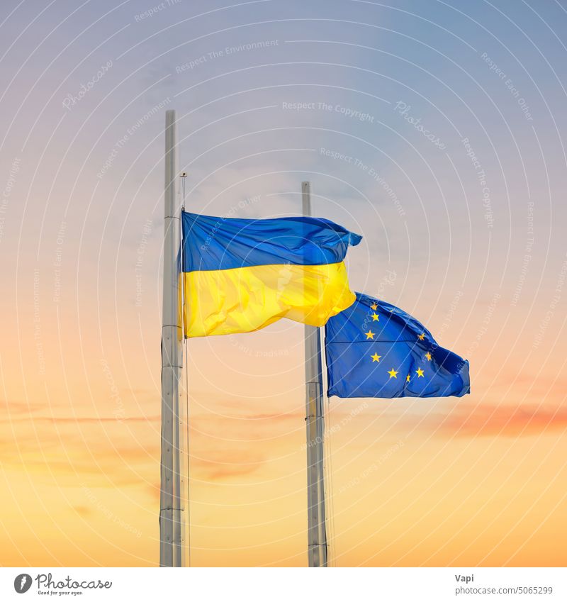 Flags of Ukraine and Europe ukraine flag europe flags sunset pole european union white sky blue wind country national background symbol waving yellow banner