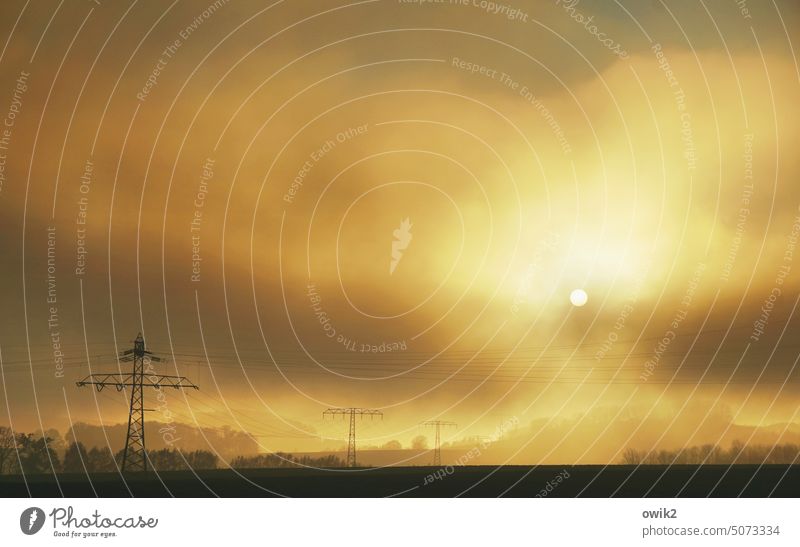 Fog Squadron Landscape Horizon Overland line power supply Cable wide Transmission lines Power transmission Technology Electricity Electricity pylon Sky Sunlight