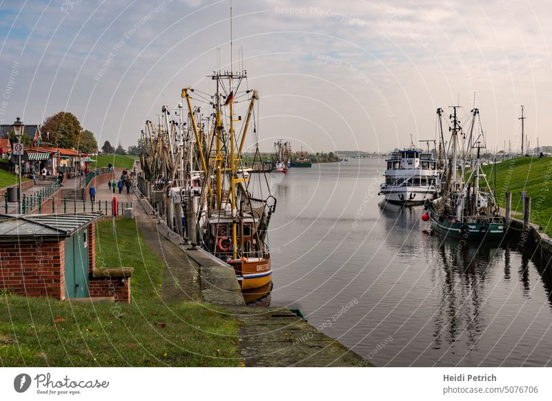 Crab cutter fleet in the harbor Harbour fishing vacation North Sea East Frisland Tourism Autumn Sky Blue Clouds Small Contemplative pretty excursion destination