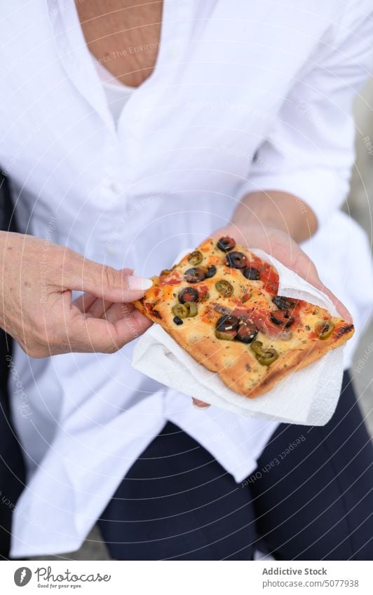 Crop woman with delicious pizza food cheese appetizing eat palatable delectable tasty female piece tomato olive lady slice portion nutrition italian cuisine