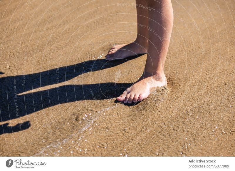 Crop legs of anonymous person on wet sand beach water shadow sun shore barefoot resort coast sunlight idyllic vacation ocean sea river lake nature relax shade