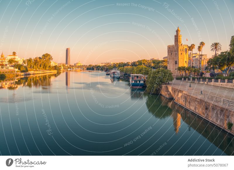 Historical tower of Seville near river against modern skyscraper seville historic old embankment andalusia spain architecture water building calm aged city