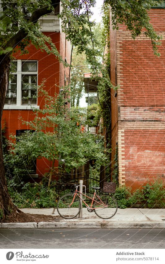 Bicycle parked near brick buildings bicycle sidewalk street city transport architecture modern facade vehicle urban contemporary red pavement town bike