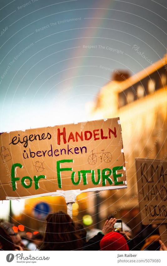 Fridays for Future Demo with Rainbow 2 - "rethink your own actions for Future". Demonstration Poster transparent Transpi fff fridays for future Climate