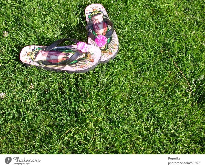 Flip flops on the lawn Flip-flops Kitsch Meadow Green Structures and shapes Virgin Mary Religion and faith Catholicism Hardcore Rockabilly Summer Fashion