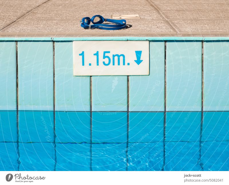 Swimming goggles for the pool at 1.15 meters of water depth Swimming pool Pool border Blue Tile Deserted Sunlight Structures and shapes Surface of water Calm