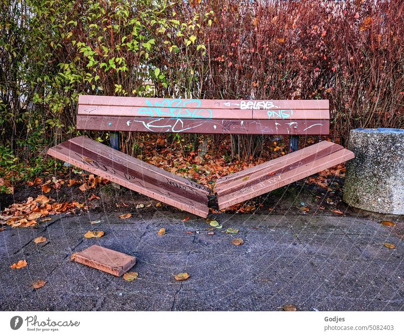 Destroyed seat in front of autumn bushes, vandalism Seating bench Vandalism Graffiti Bench corrupted Exterior shot Nature Park bench Wooden bench shrubby