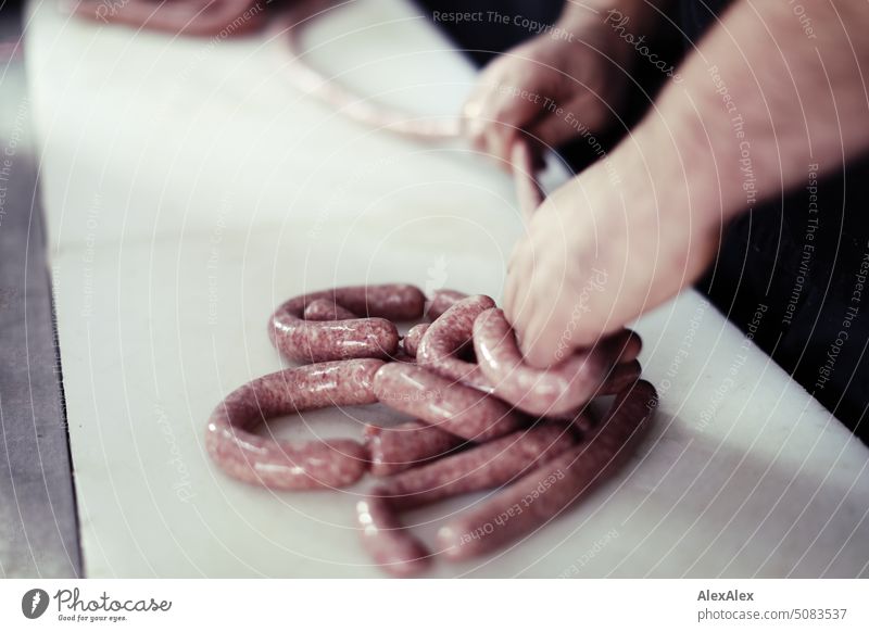 two hands make the sausage, which just comes out of a sausage stuffer. Sausage stuffer Machinery Craft (trade) butcher Butchery Production handicraft production