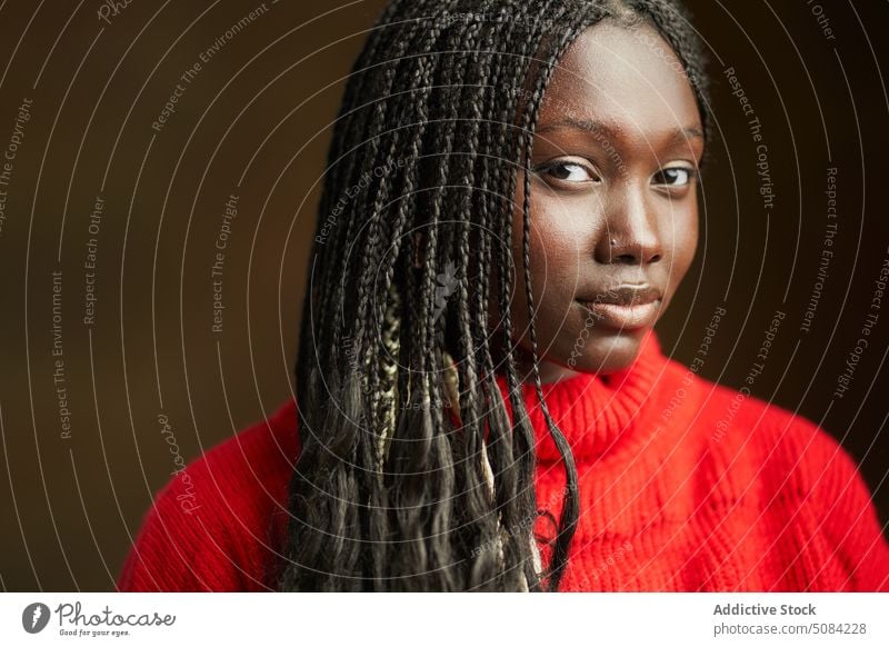 Calm black woman looking at camera model portrait afro braids appearance personality studio brown background human face calm female lady young african american