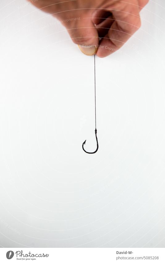 Man holding a line with fish hook Fishing hooks String Lure Curl Capture Hand Creativity Drawing Trap Fishing (Angle) deceitful Sneaky