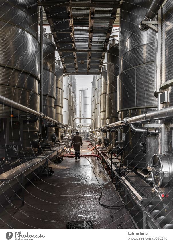 A worker going between steel tanks for wine fermentation at a modern winery row man walk large brewery silos storing barley fermeted beer blue sky stainless