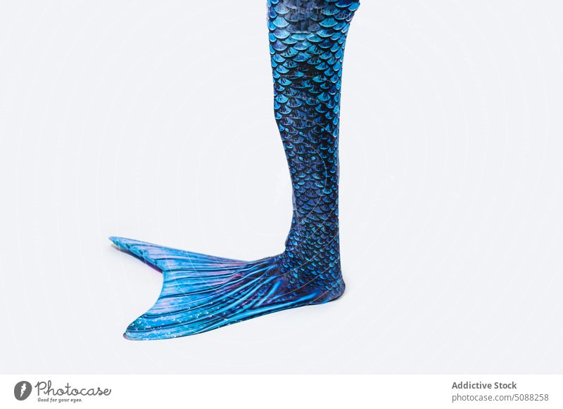 Blue tail of mermaid with scales person costume shimmer creative element part fantasy blue colorful design holiday glitter imagination minimal figure stand