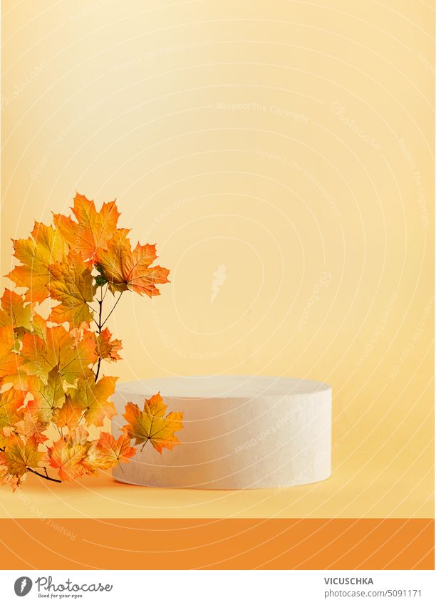 Modern product display with podium and Maple leaves at yellow background. Minimal scene stage showcase for your product. Front view with copy space. modern