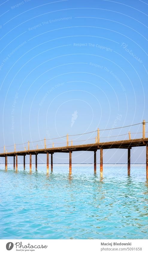 Picture of a wooden pier, Egypt. jetty ocean sea sky minimalist landscape Red Sea Marsa Alam wave water outdoor nature vacation travel blue summer coast