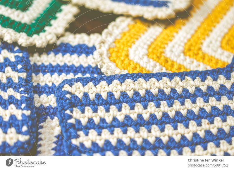 old crocheted potholders Oven cloth Crocheted crochet potholders Sustainability Blue White Green Yellow Stripe Pattern Old Handcrafts Kitchen