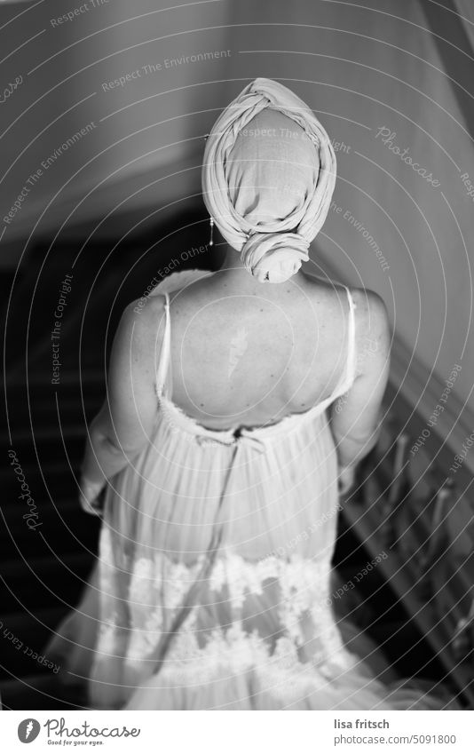 the big moment.. Bride Black & white photo Wedding dress back view a beautiful back can also delight Headscarf ready to go Lonely Back White Dress Adults