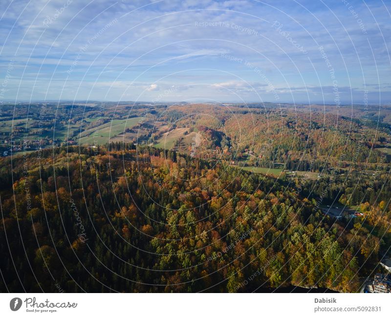 Frone flight over mountain landscape with autumn forest mountains nature fall season aerial view outdoors poland countryside travel panoramic background sunny