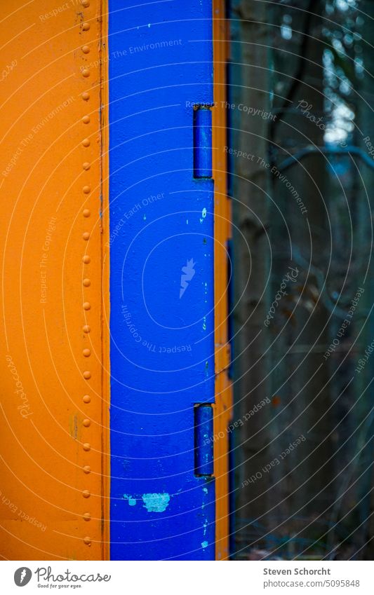 Colorful container in the forest Container variegated Exterior shot Colour photo Industry Contrast Logistics Transport Deserted Shipping Orange Blue Metal