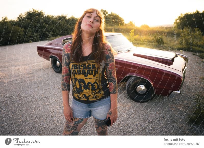 Young woman with a classic car. Dodge Charger 1966. skirt shirt black sabbath dodge charger Leisure and hobbies Vintage car white Light tattoos Woman Summer