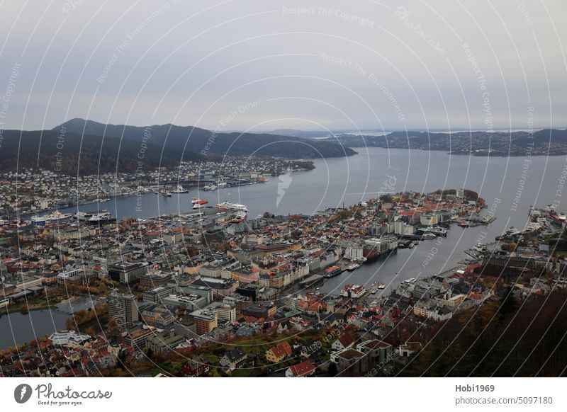 View of Bergen city in Norway from above mountain Fjord Water Nature Landscape Europe Northern Europe chill cloudy Town urban city view panorama Horizon
