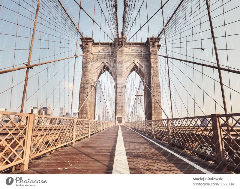 Picture of the Brooklyn Bridge, color toning applied, New York City, USA. city cityscape vintage retro view architecture new york landmark travel downtown urban