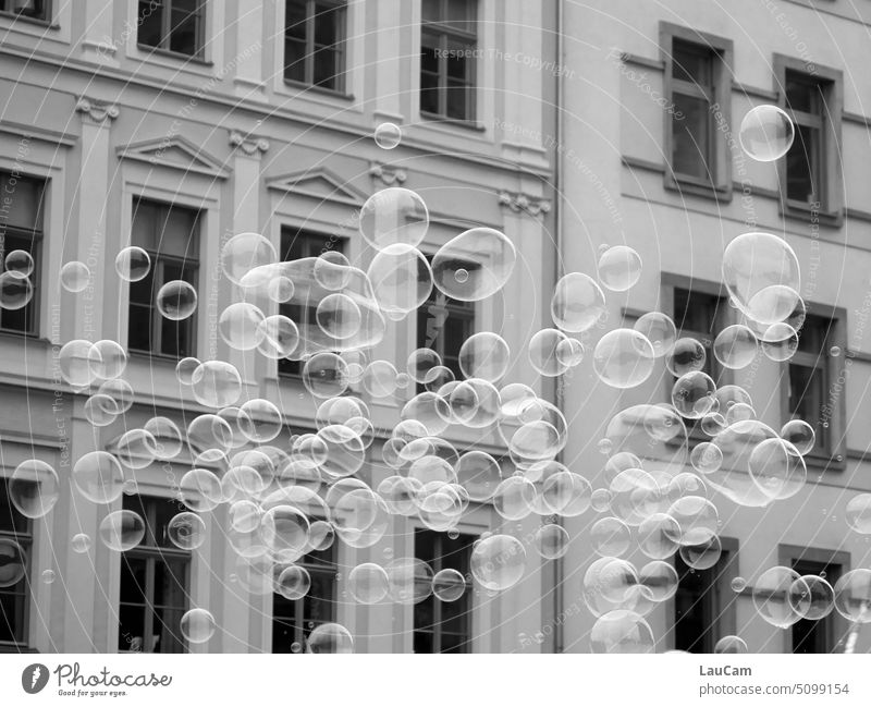 99 Balloons soap bubbles Soap bubble Transparent Hover Ease Round Sphere Flying Dream dreams Blow Playing Joy Dreams shatter Dreams burst Easy Facade Window