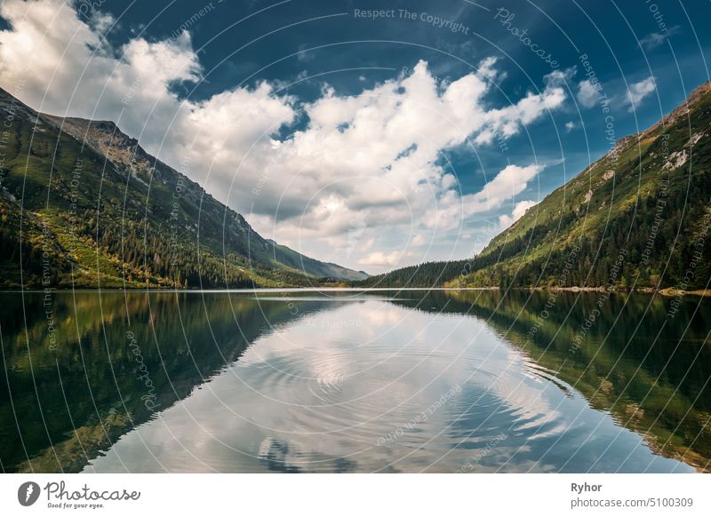 Tatra National Park, Poland. Circles On Water On Surface Of A Calm Lake. Famous Mountains Lake Morskie Oko Or Sea Eye Lake In Summer Evening. Beautiful Nature, Scenic View Of Five Lakes Valley. UNESCO