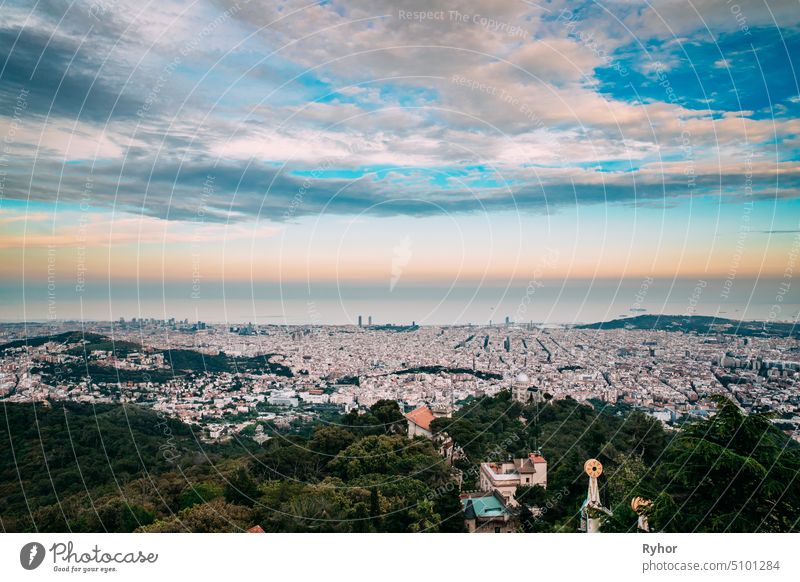 Barcelona, Spain. Evening Panorama Of City Cityscape From Mountain Of Tibidabo house architecture summer famous city cityscape nobody europe panorama top view
