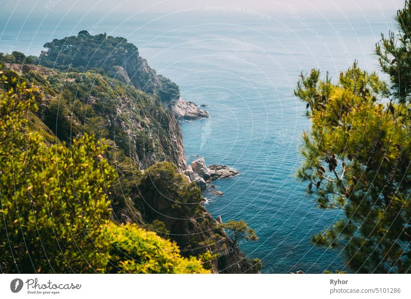 Tossa De Mar, Girona, Spain. Balearic Sea. Spring Spanish Nature With Summer Rocky Landscape And Seascape rock spring landscape outdoor mountain seascape nature