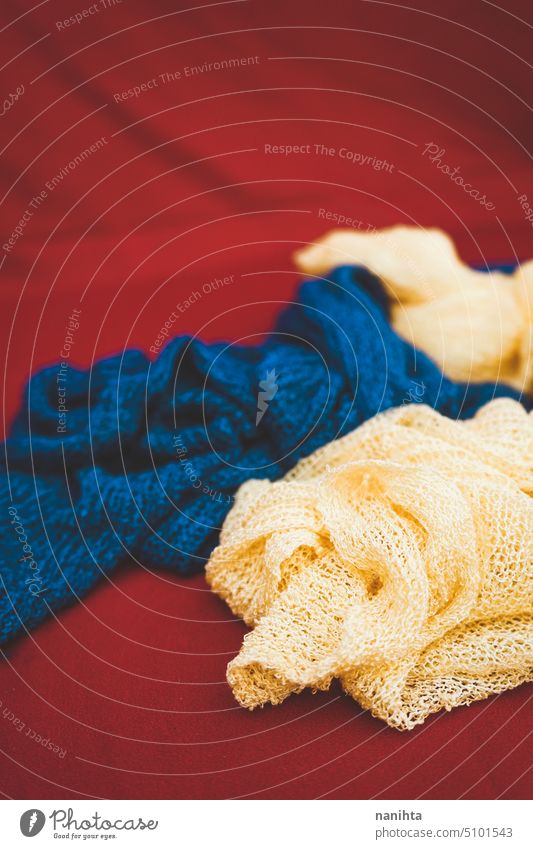 Colorful background of fabric textiles in red, blue and yellow abstract fashion cloth accesssories composition colorful primary colors simple delicate soft