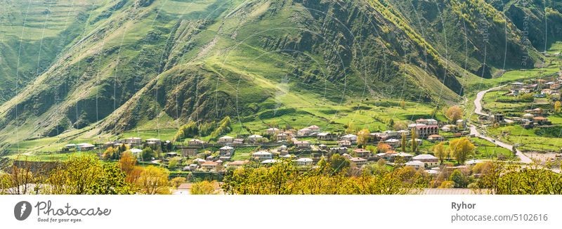 Stepantsminda Village In Kazbegi District, Mtskheta-Mtianeti Region, Georgia. Spring Or Summer Season Gergeti Kazbegi district Mtskheta-Mtianeti region aerial